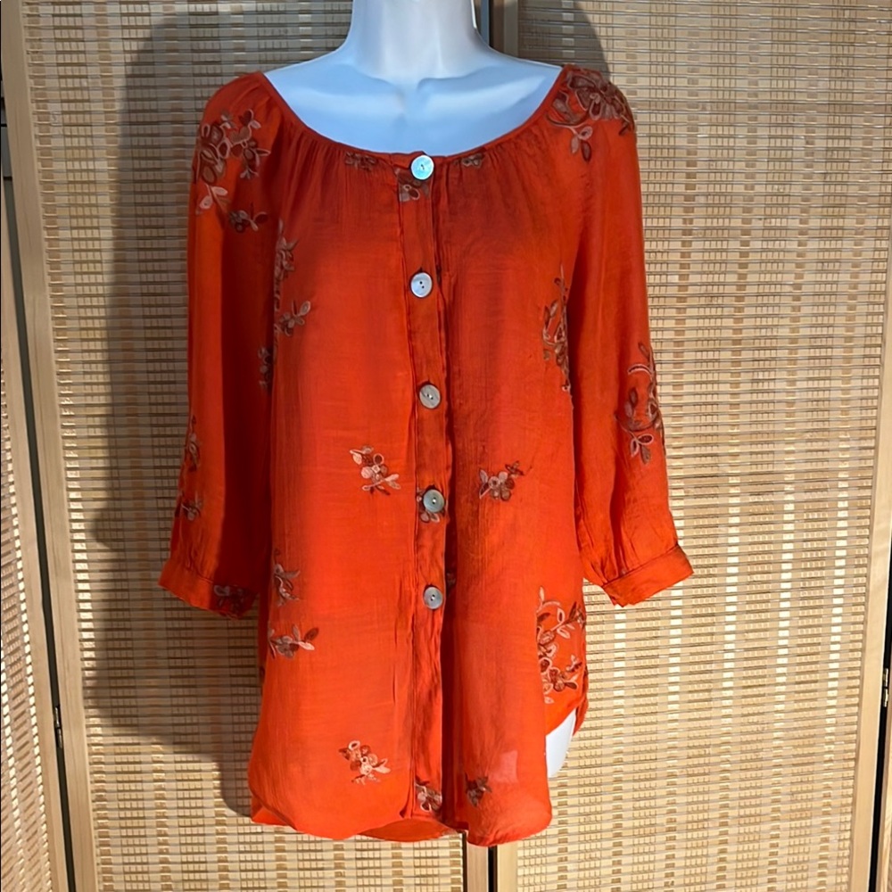 Olive Hill Tangerine Buttoned 3/4 Sleeve Peasant Blouse Medium